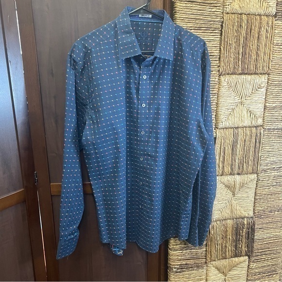 Bugatchi Uomo Shaped‎ Fit Button Down Blue geometry print XL Cotton Shirt - Picture 1 of 8
